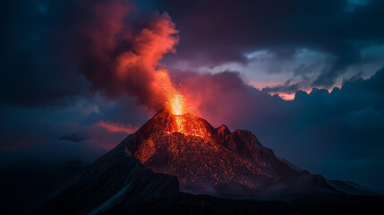 erupting. A powerful volcano erupting with lava and ash against the sky. ESG reports, sustainability campaigns, designed for sustainability communications and ESG reporting.