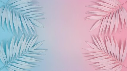 Pastel palm leaves framing a soft blue and pink gradient background, creating a serene tropical banner. - Powered by Adobe