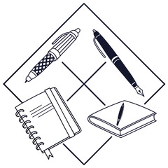 Dark blue outline icons of pens and notebooks on white