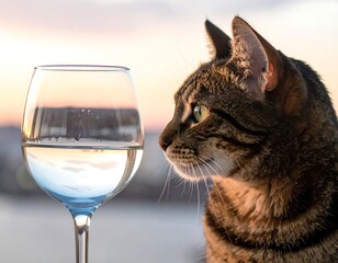Tabby cat gazes at a wine glass filled with water, sunset backdrop