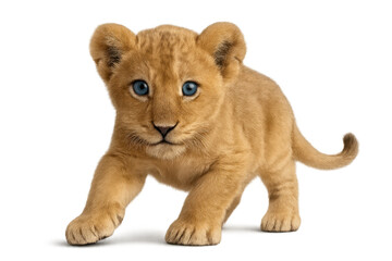 Obraz premium Lion cub with bright blue eyes walking, young wild animal on a transparent background, baby feline predator