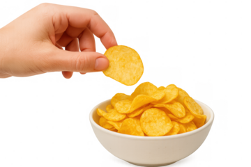 Hand picking potato chip from white bowl of potato chips, enjoying a crispy savory snack, transparent background