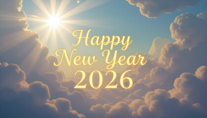 Celestial Sunburst with Fluffy Clouds and 'Happy New Year 2026' in Elegant Font