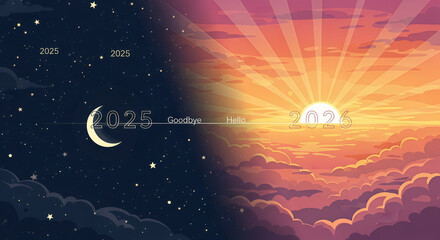 Abstract blue vector illustration of the sun and full moon shining in the dark night sky with stars and clouds