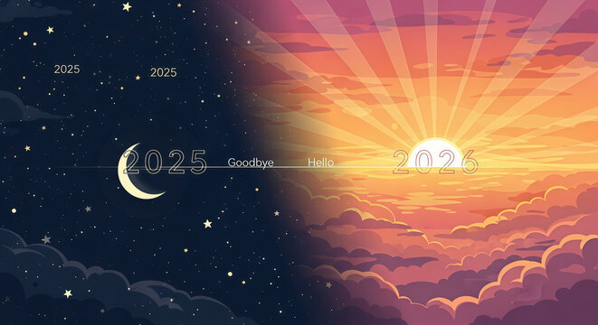 Abstract blue vector illustration of the sun and full moon shining in the dark night sky with stars and clouds