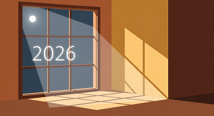 Vector cartoon illustration of an empty room's interior design, showing an open wood door and a window on the wall of the building frame
