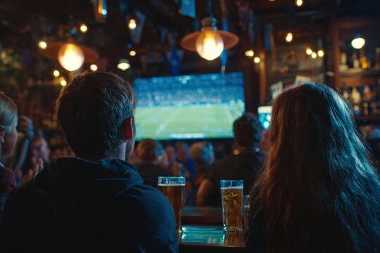 Friends Enjoying Big Game in Pub with Exciting Atmosphere and Cinematic Lighting