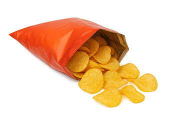 Potato chips spilling from an orange open bag, crisp snack food for party and unhealthy eating concept