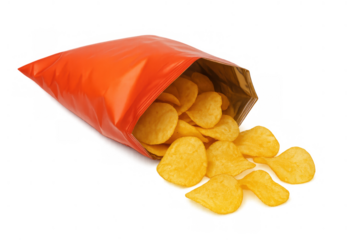 Potato chips spilling from an orange open bag, crisp snack food for party and unhealthy eating concept