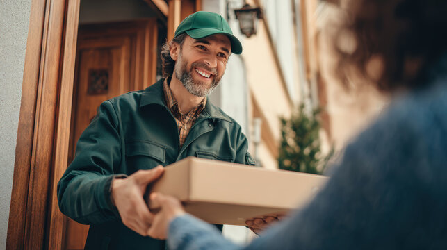 Delivery Person Handing Eco-Friendly Parcel to Smiling Customer at Doorstep