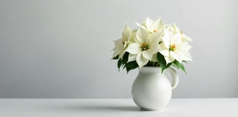 Minimalist modern white poinsettia arrangement in a sleek ceramic vase with clean lines. A minimalist arrangement of white poinsettias in a sleek, matte white ceramic vase, positioned on a smooth,