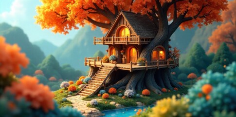 Whimsical Treehouse Architecture and Nature Harmony A whimsical, intricately designed treehouse constructed from natural wood and organic materials, seamlessly integrated into a dense, vibrant forest