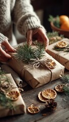 Fototapeta premium Close-up of Hands Wrapping Christmas Gifts with Rustic Decorations