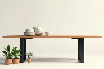 Modern Minimalist Dining Racks for Kitchen and Home Organization A minimalist modern dining rack made of light wood and matte black metal, neatly displaying ceramic plates, a stack of white bowls,