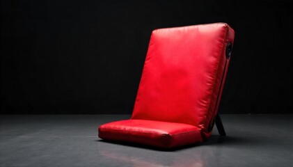 Karate Training Equipment Displayed Artfully A composition of various karate training equipment a red kicking pad, a black focus mitt, and a blue striking target, neatly arranged on a clean, grey