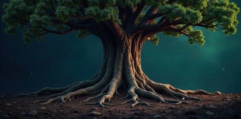 Symbolic imagery of resilience and inner strength using natural elements like strong roots and sturdy trees. A majestic, ancient tree with incredibly deep and visible roots firmly gripping the earth.