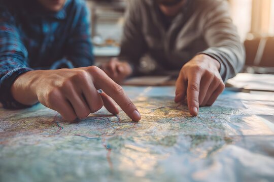 Close-up of couple planning their next adventure together using a world map