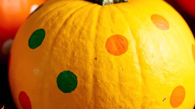 Yellow pumpkin painted with colorful polka dots
