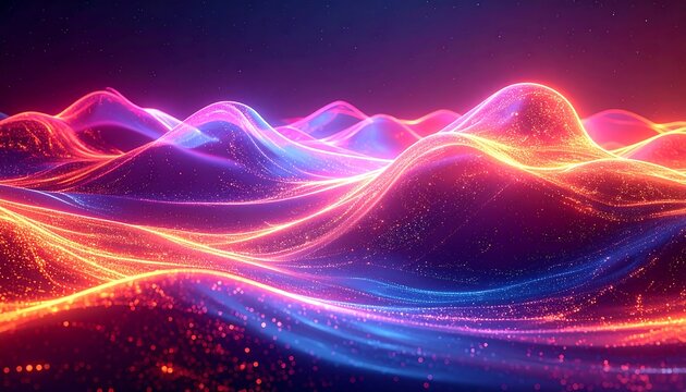 Neon waves in an abstract landscape, sparkling against a dark night - Powered by Adobe