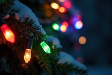 Whimsical Christmas Tree String Lights Draped Artfully Over Snowy Branches, Creating a Magical, Glowing Atmosphere. A whimsical, delicate string of Christmas lights artfully draped over snow covered