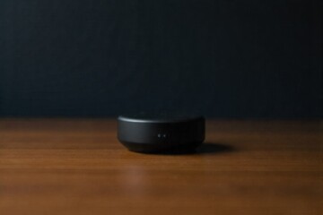 Smart Speaker with Integrated Camera for Seamless Home Monitoring and Smart Interactions A high end, matte black smart speaker with a small, discreet camera lens integrated into its top surface. The