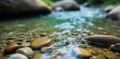 Secluded Mountain Creek with Smooth Stones and Clear Flowing Water A crystal clear, shallow creek flowing over smooth, rounded pebbles in a natural mountain environment. The water is transparent,
