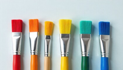 A collection of pristine, unused paintbrushes with bristles in a spectrum of bold colors, meticulously arranged. A flat lay photograph of a collection of brand new, unused paintbrushes. Each