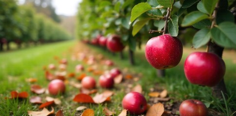 Autumn apple orchard, ripe fruit on branches, crisp fall atmosphere An apple orchard in peak autumn. Sunlight filters through the leaves, highlighting plump, vibrant red apples hanging heavily on
