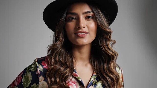 Womans portrait floral shirt hat beauty