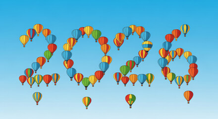 Colorful helium balloons 2026 across the blue sky, bringing fun and happy celebration to any birthday party or holiday decoration