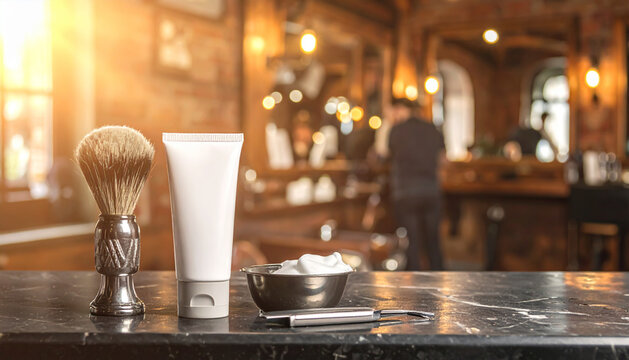 Shaving Cream Tube, Brush & Bowl on Barbershop Counter. Marketing Ad. 