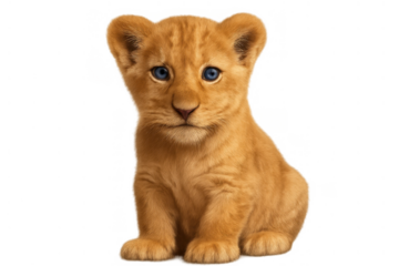Lion cub sitting with blue eyes on transparent background, young wild mammal animal, big cat wildlife portrait