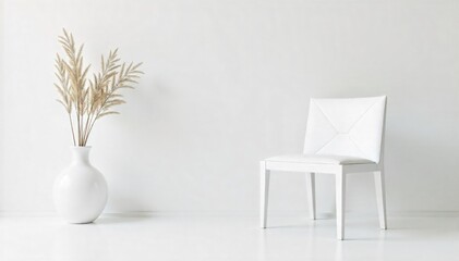 Pilates equipment arrangement on a clean white background for a minimalist studio aesthetic. A minimalist arrangement of pristine white Pilates equipment, including a reformer, a Pilates chair, and