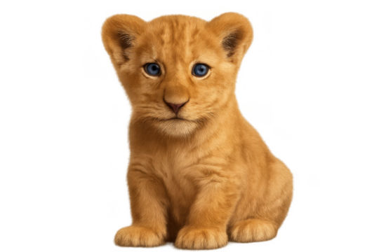 Lion cub sitting with blue eyes on transparent background, young wild mammal animal, big cat wildlife portrait