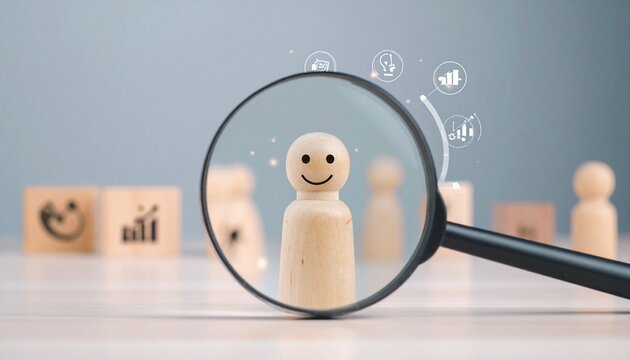 Magnified wooden figurine with icons of achievement, evoking talent recognition, personal growth, and visionary selection.