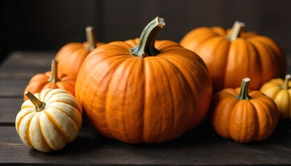 Autumn s Bounty Pigskin Textured Pumpkins and Gourds on a Rustic Barn Wood Surface A still life composition of several pumpkins and gourds of varying shapes and sizes, all possessing a distinct