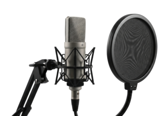 Professional studio microphone with pop filter transparent background cutout png
