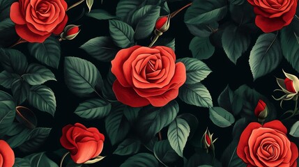 Elegant red rose flowers with green leaves on black background – natural floral pattern illustration design