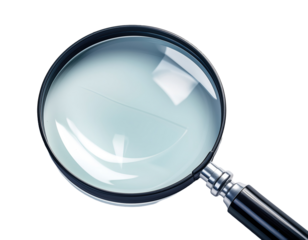 Close up of a classic magnifying glass with a metal handle isolated on transparent background