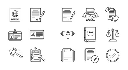 Line style legal document icons set, editable stroke linear icon collection of passport, contract, agreement, ID card, certificate, license, law book, scales of justice, gavel, compliance checklist