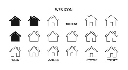 Web home icon set for websites and apps, simple house symbol, flat real estate sign, main page pictogram in filled, thin line, outline and stroke styles, representing property, residence, and housing