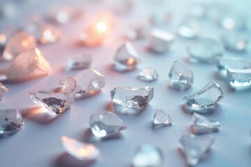 Crystal Shards with Rainbow Refractions on White A sharp, high resolution image of clear, faceted crystal shards scattered across a pure white surface. Each shard is catching and refracting light,