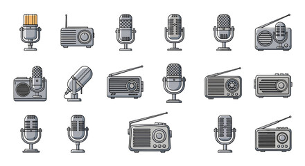 Collection of vintage microphones and radios, perfect for podcast logos, music, and broadcasting themes. This vector cartoon illustration features an ordered set of retro audio equipment on a clean