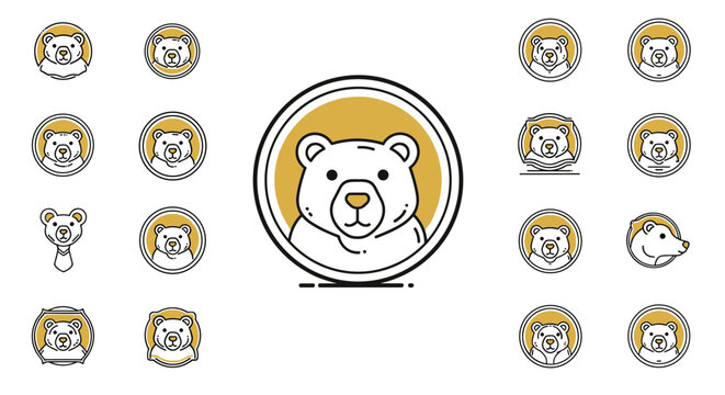 Collection of stylized line art bear logos and icons, featuring a central golden circle badge with a friendly bear face, surrounded by various circular and framed bear emblems, perfect for branding
