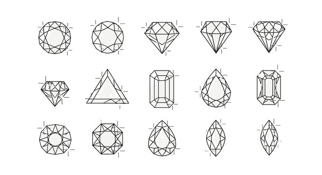 Collection of various diamond cuts and shapes, including round brilliant, princess, emerald, pear, marquise, and Asscher cuts, presented as clean line art icons with sparkling highlights on a white