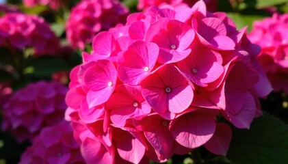 Sun Kissed Pink Hydrangeas in Full Bloom, Radiating Warmth and Vibrancy A cluster of bright, vibrant pink hydrangea flower heads in full bloom, bathed in warm, golden sunlight. The light creates