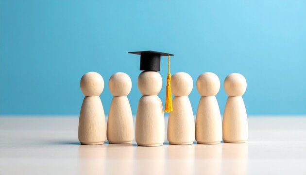 Wooden figurines with one wearing a graduation cap, evoking achievement, distinction, and personal growth.