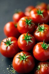 Tomato platter with greens A smooth slate platter featuring a visually appealing arrangement of ripe red tomatoes interspersed with fresh green herbs like basil and parsley. No people or text.
