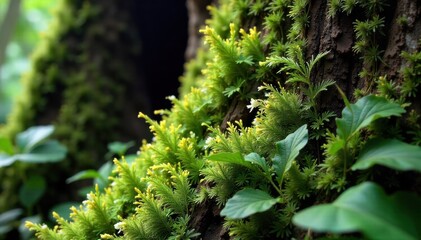 Rainforest Tree Bark with Epiphytes Extreme close up, detailed texture of rough rainforest tree bark, densely covered with vibrant green moss and various epiphytic plants like small ferns and