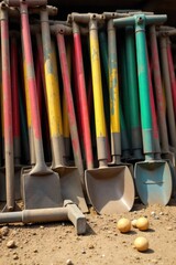 Assortment of heavy duty mining tools scattered on dusty ground, suggesting recent activity A collection of weathered, heavy duty mining tools like picks, shovels, and a crowbar lying on a dusty,